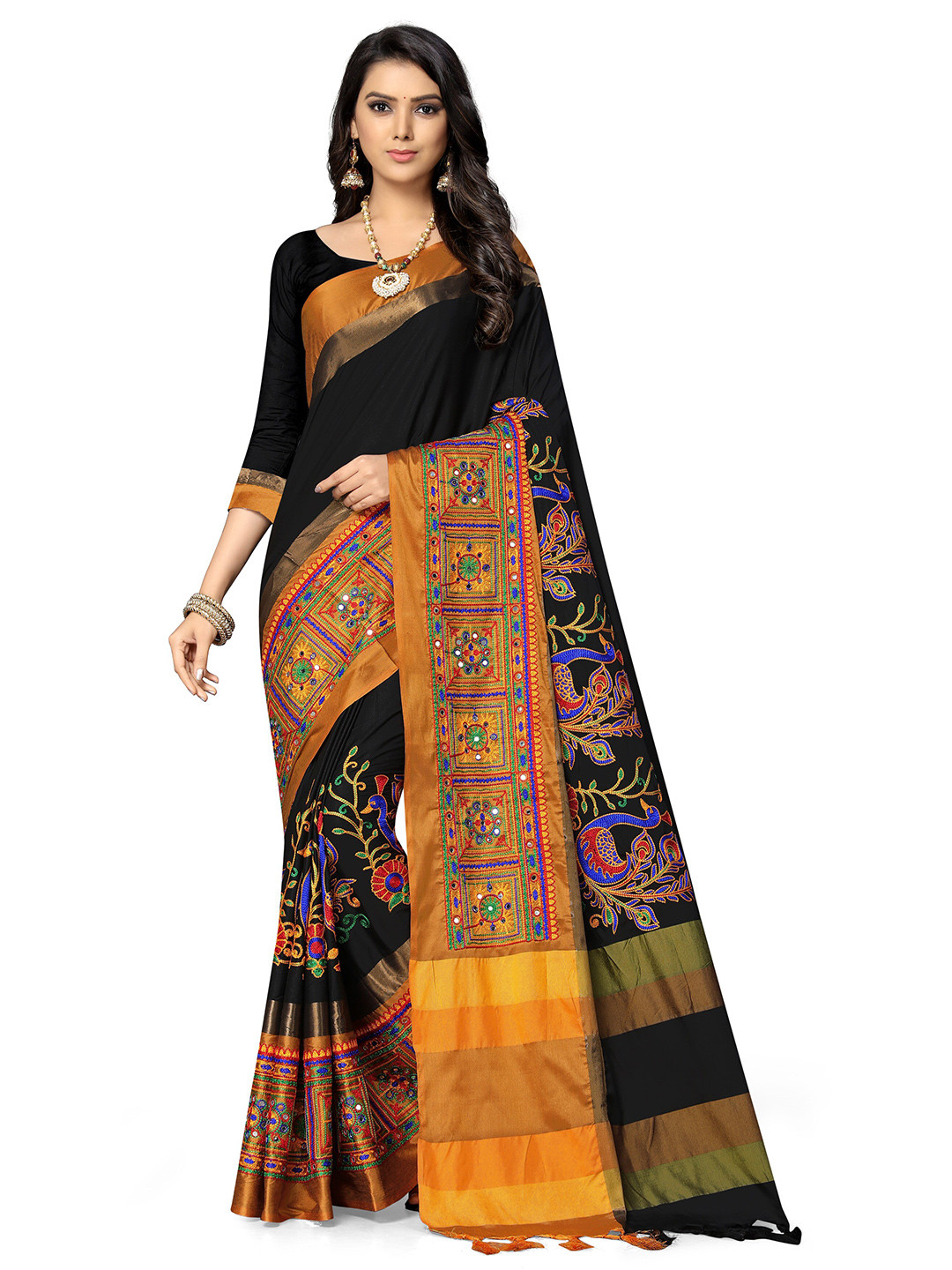 SERONA FABRICS Black & Yellow Ethnic Motifs Kutchi Embroidery Silk Cotton Saree