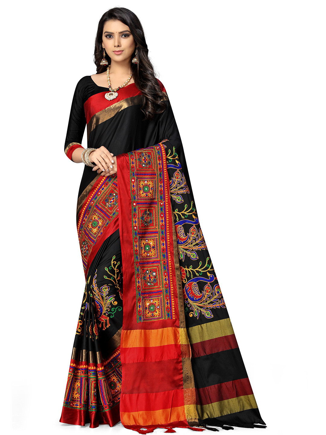 SERONA FABRICS Black & Red Embellished Kutchi Embroidery Silk Cotton Saree