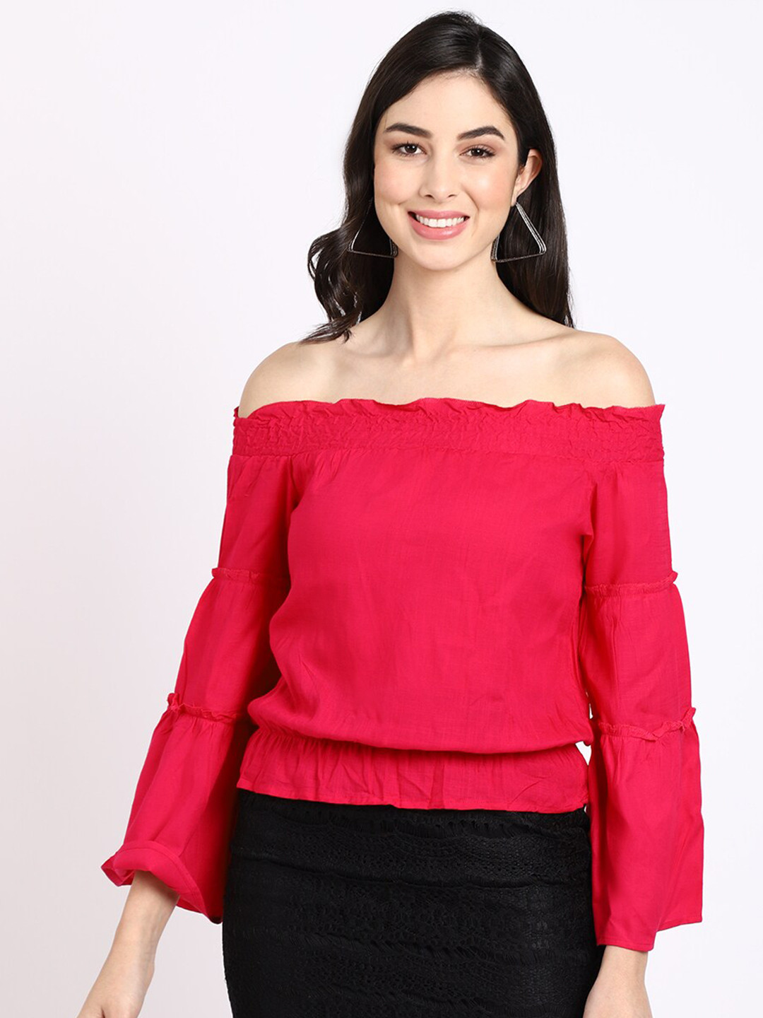 ELEVANTO Women Fuchsia Off-Shoulder Top