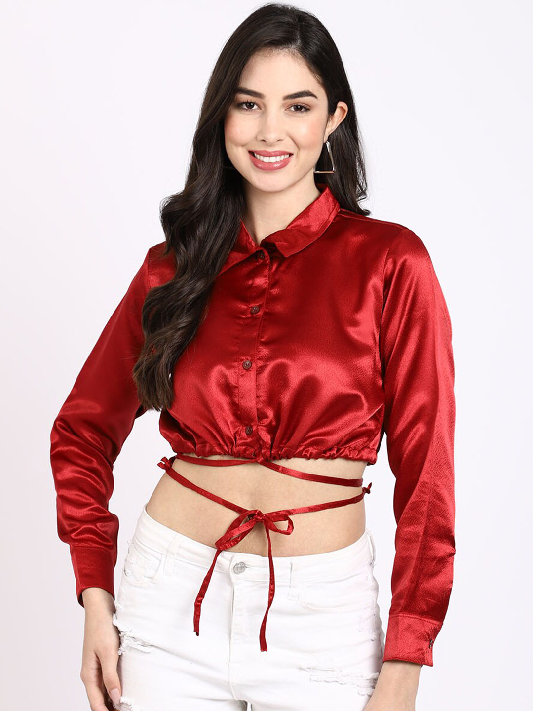 ELEVANTO Maroon Satin Shirt Style Crop Top