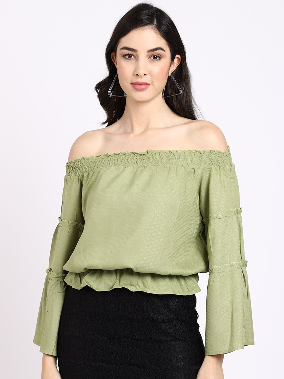 ELEVANTO Women Green Off-Shoulder Bardot Top