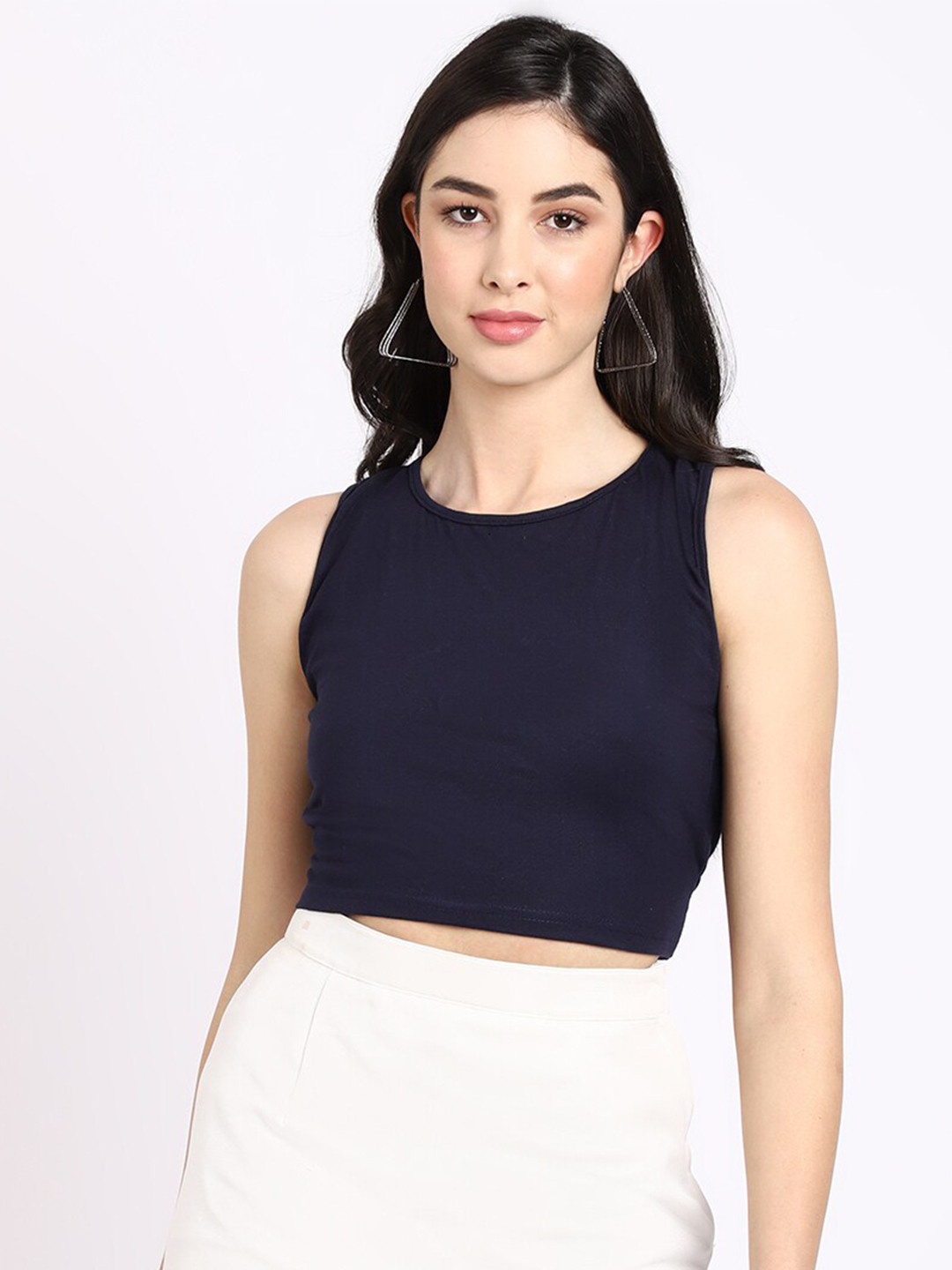 ELEVANTO Women Navy Blue Styled Back Crop Top