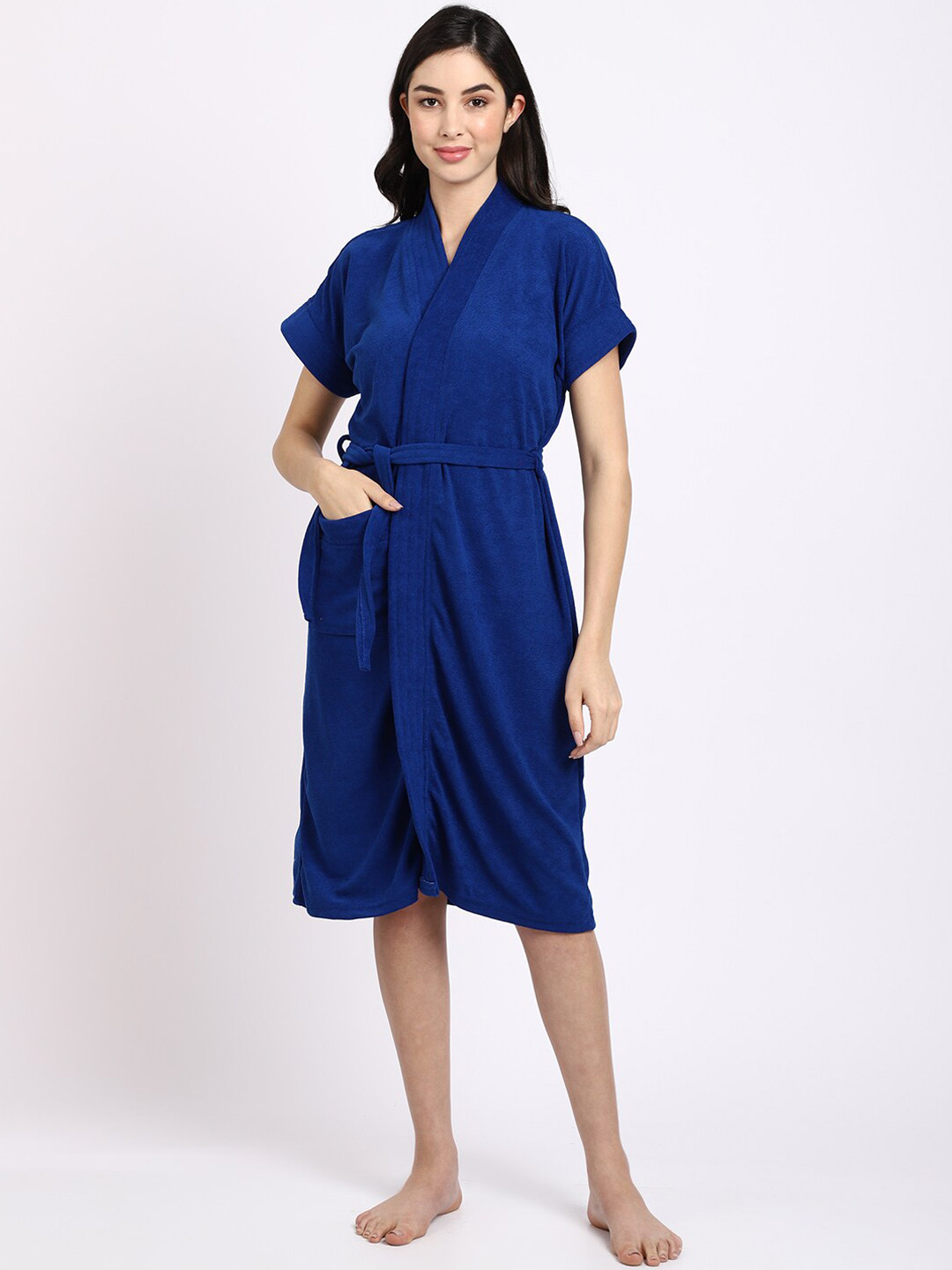 ELEVANTO Royalo-Half Blue Solid Terrycloth Drawstring Knee Length Bath Robe with