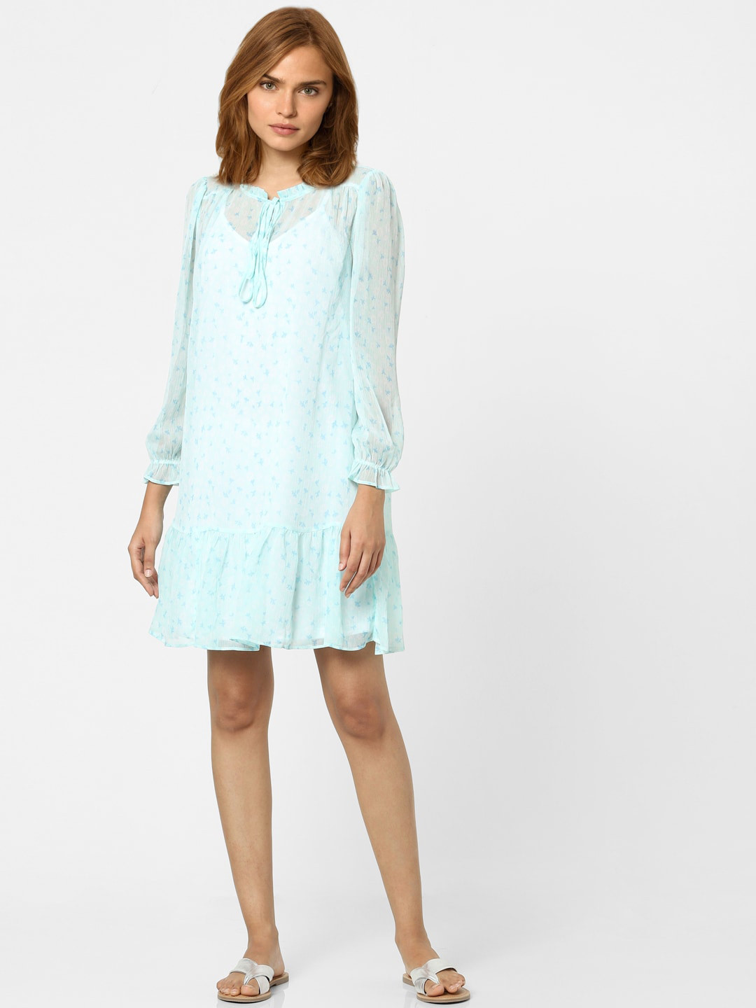 Vero Moda Women Blue Tie-Up Neck Drop-Waist Dress