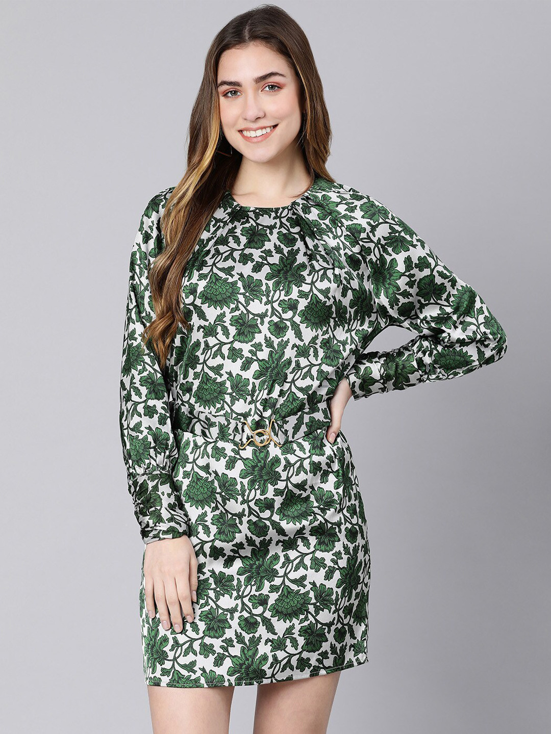 Oxolloxo Women Green Floral Satin Sheath Dress