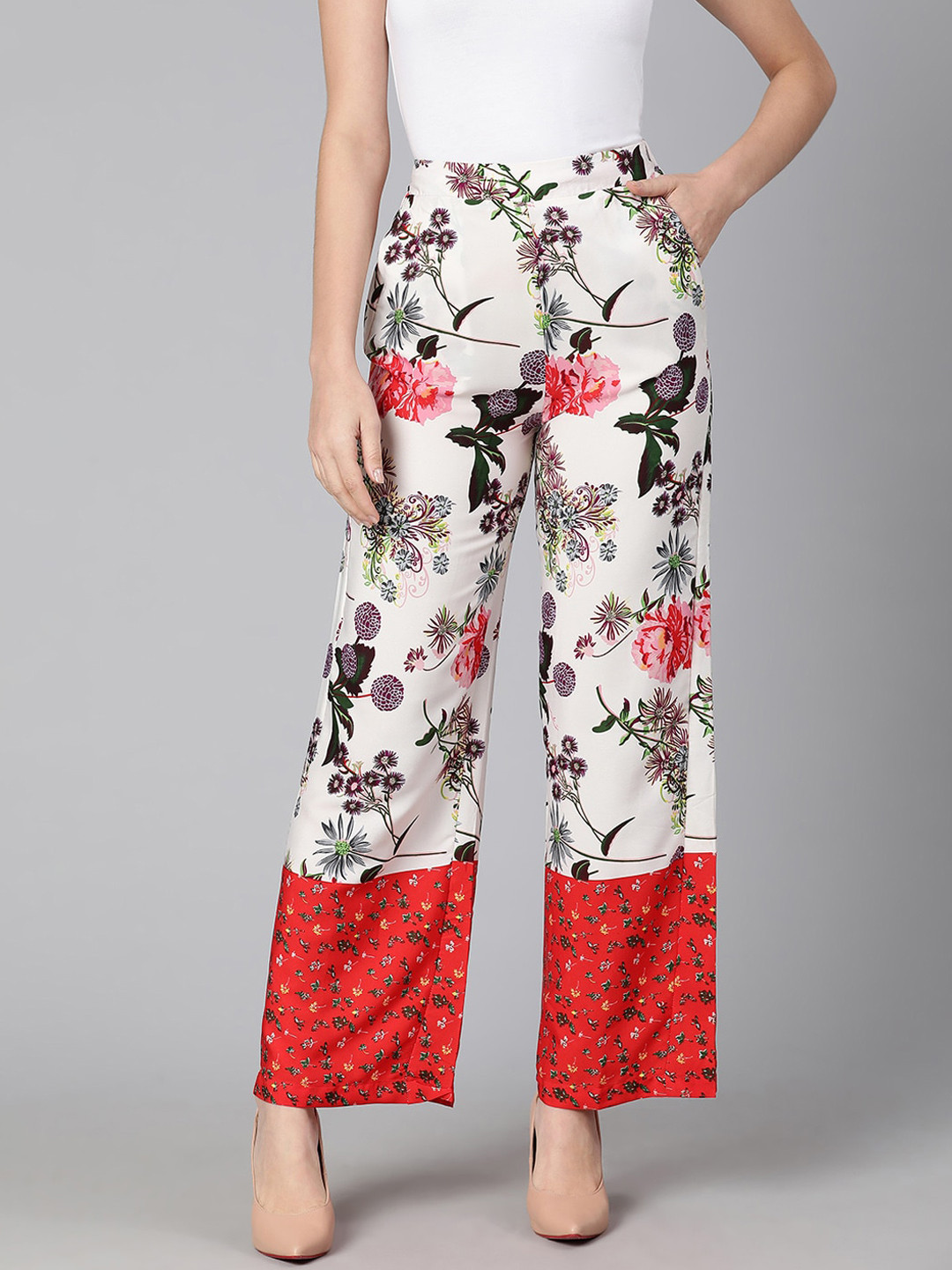 Oxolloxo Women Multicoloured Floral Printed Relaxed Easy Wash Trousers