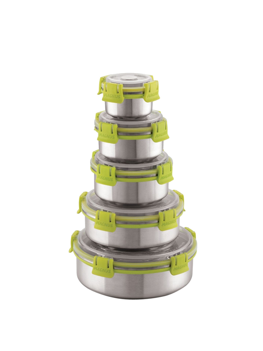 MAGNUS Set Of 5 Silver & Green Stainless Steal Storage Containers