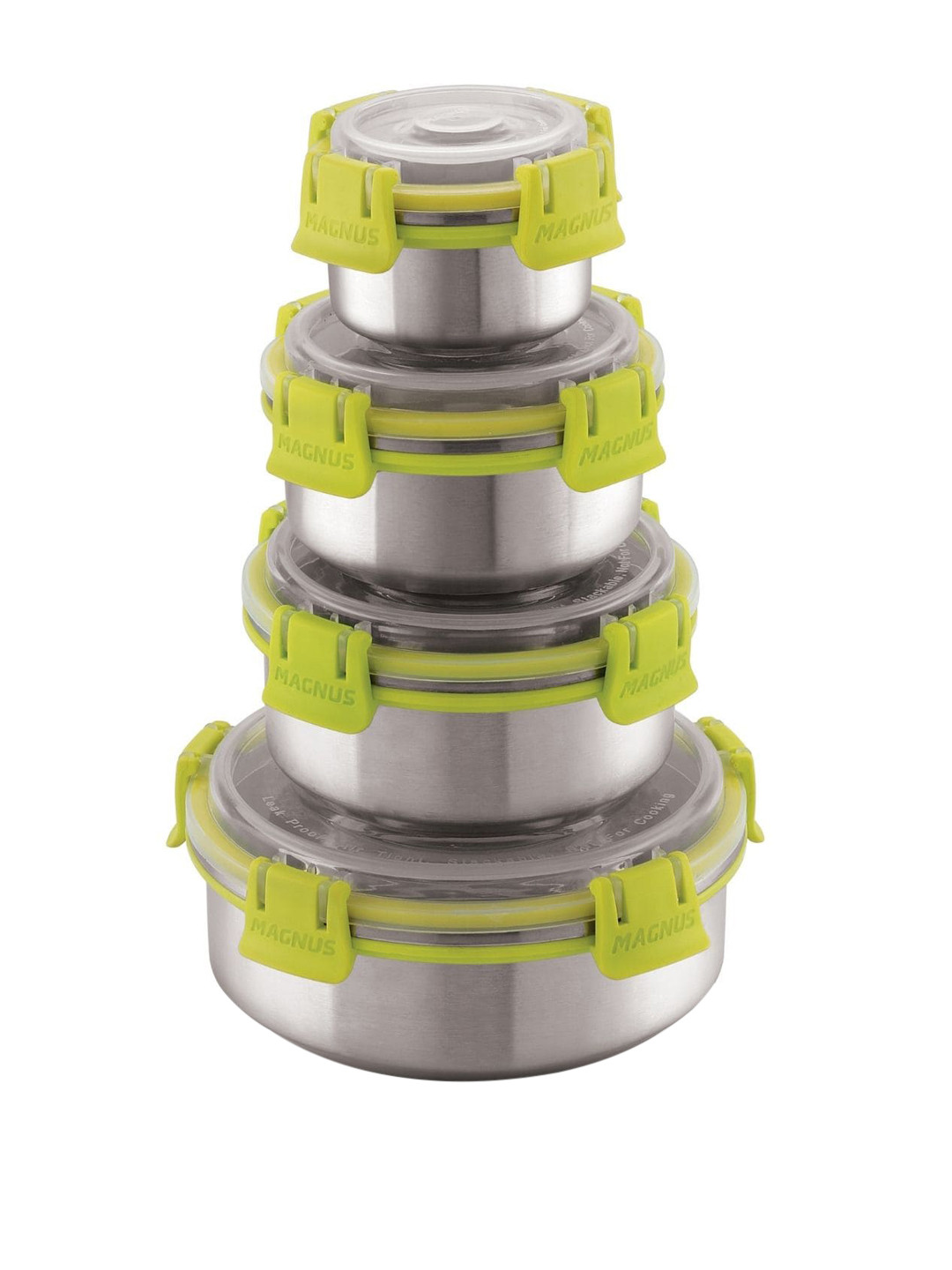 MAGNUS Set Of 4 Silver & Green Stainless Steal Storage Containers