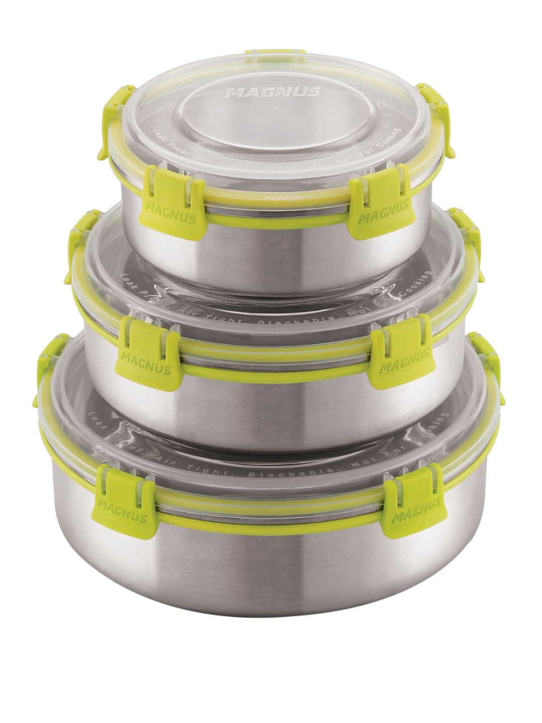 MAGNUS Set Of 3 Silver & Green Stainless Steel Airtight & Leakproof Storage Containers