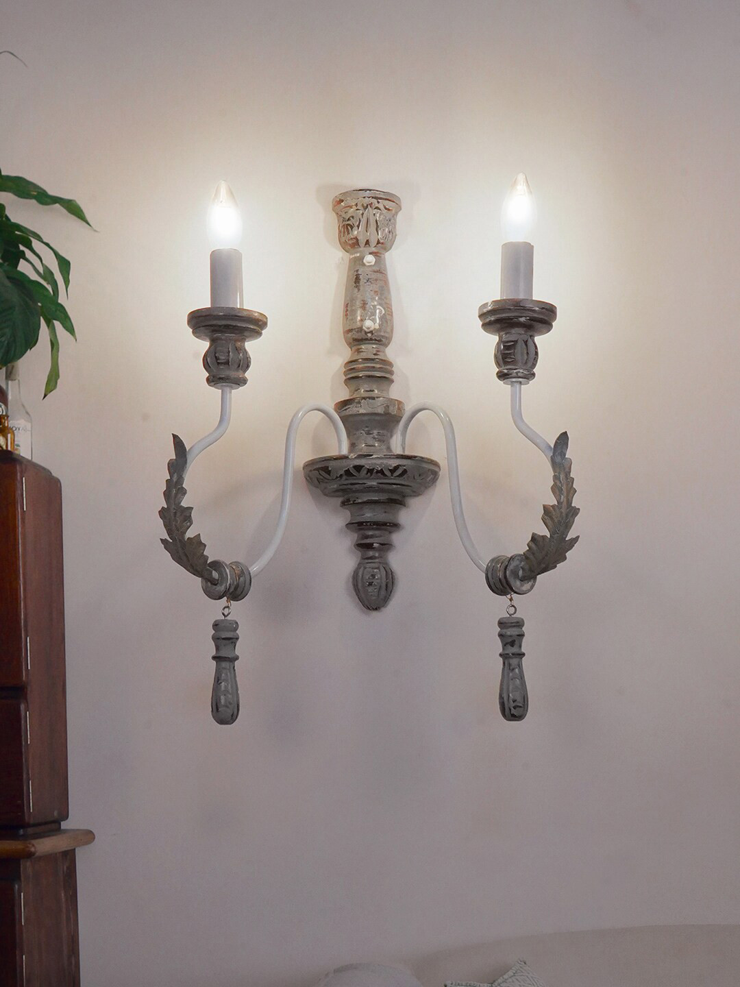 Fos Lighting Grey Provincial Style Wood & Wrought Iron 2 Light Candelabra Wall Sconce