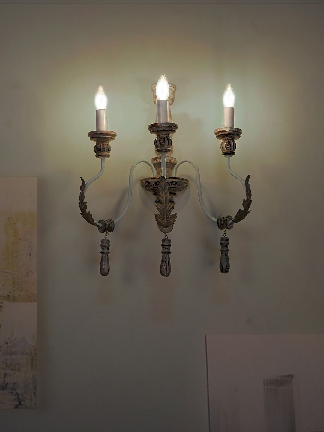 Fos Lighting Grey Provincial Style Wood and Wrought Iron 3 Light Candelabra Wall Sconce