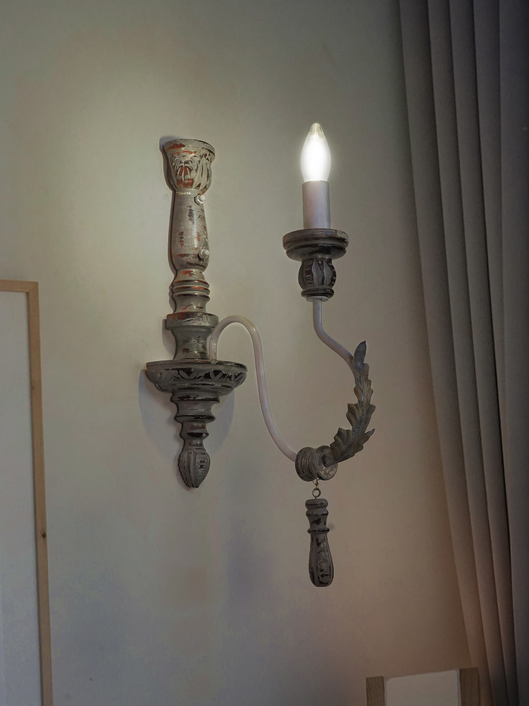 Fos Lighting Grey Provincial Style Wood & Wrought Iron Single Light Candelabra Wall Sconce