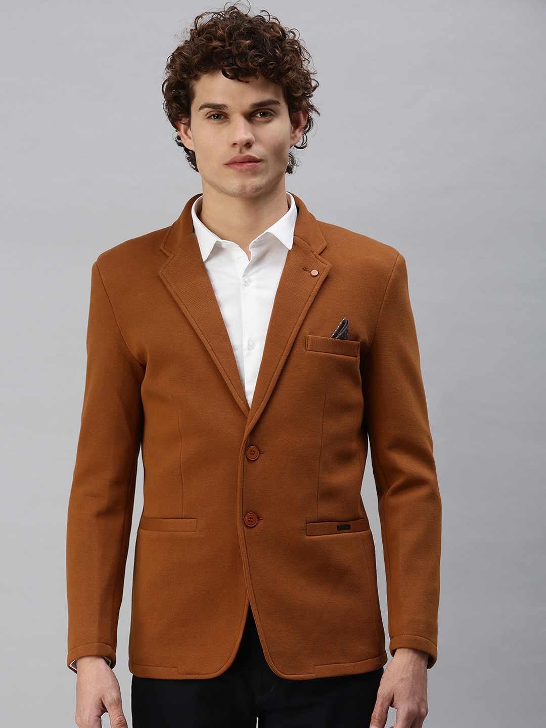 SHOWOFF Men Tan Brown Solid Single-Breasted Slim-Fit Blazer