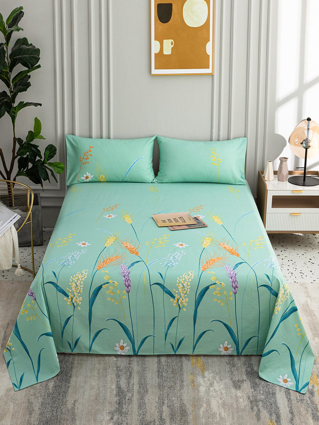 JC HOME Sea Green & Yellow Floral 200 TC Pure Cotton King Bedsheet with 2 Pillow Covers