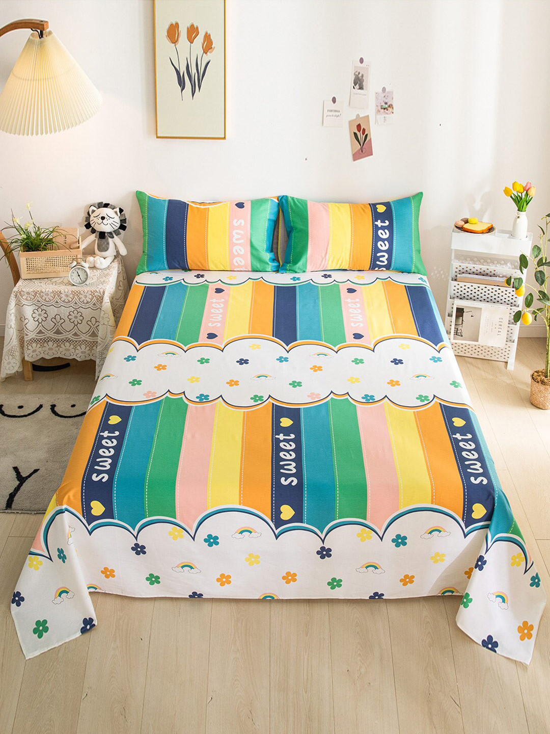 JC HOME Multicoloured Graphic Pure Cotton 200 TC King Fine Bedsheet with 2 Pillow Covers-91 x 106 inches