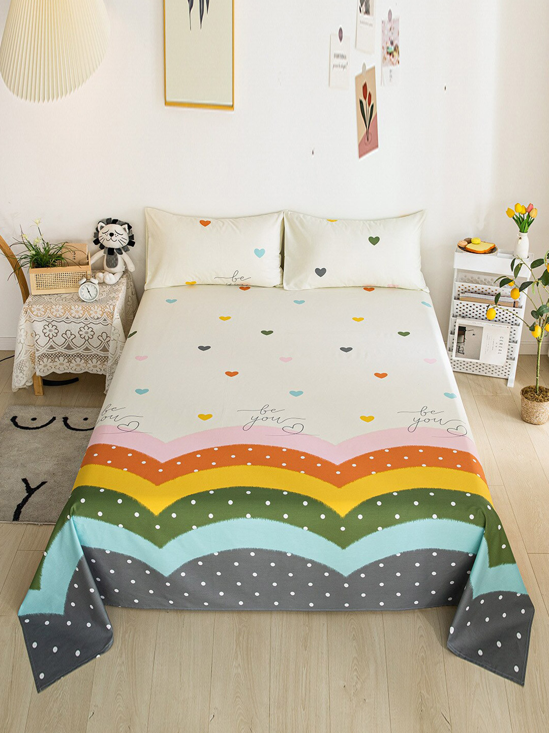 JC HOME Yellow Typography Pure Cotton 200 TC King Fine Bedsheet with 2 Pillow Covers-270 x 230 cm