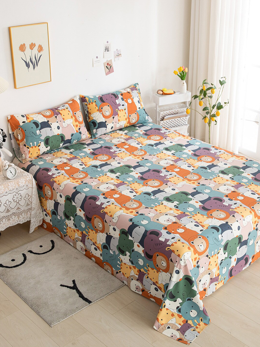 JC HOME Blue Cartoon Characters Pure Cotton 200 TC Double Fine Bedsheet with 2 Pillow Covers-91 x 59 inches