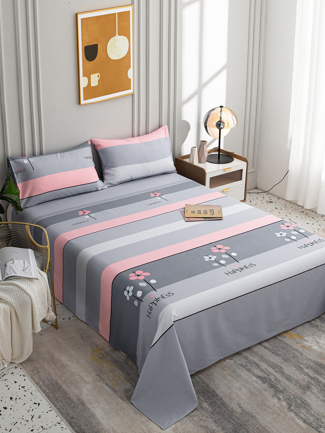 JC HOME Grey Striped Pure Cotton 200 TC Queen Fine Bedsheet with 2 Pillow Covers-200 x 230 cm