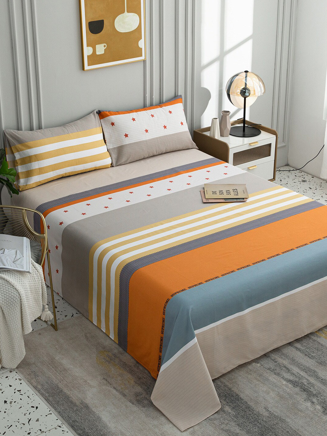 JC HOME Orange Striped Cotton 200 TC Queen Fine Bedsheet with 2 Pillow Covers-79 x 91 inches