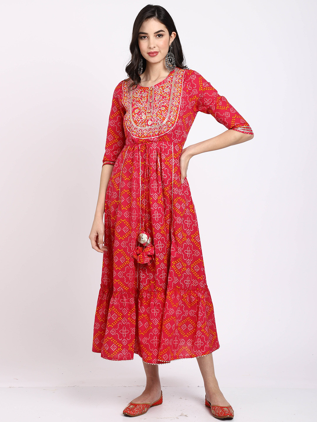 Rajnandini Pink & Red Bandhani Printed Thread Work Pure Cotton Thread Work Anarkali Kurti