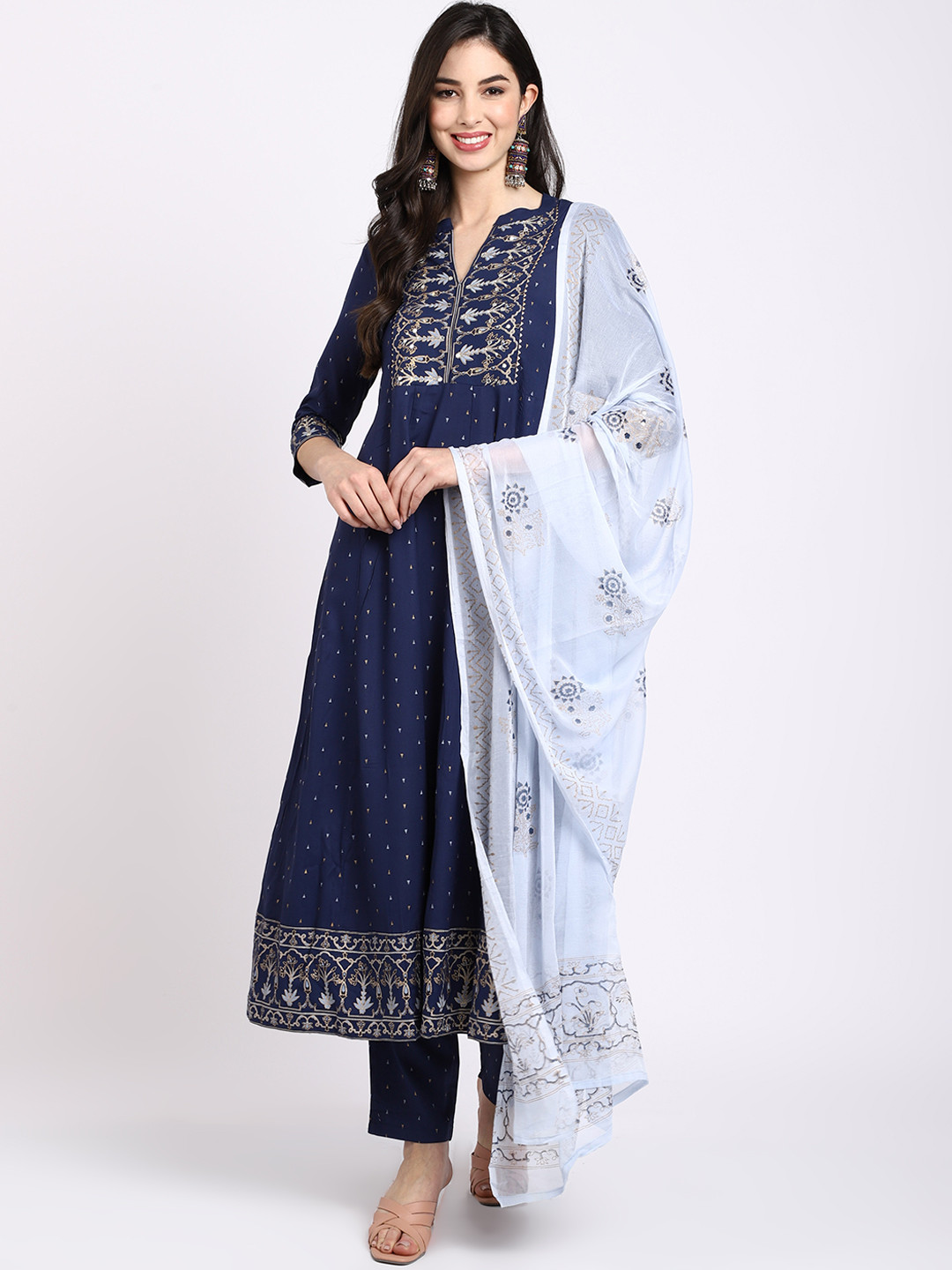 Rajnandini Women Navy Blue Floral Printed Sequinned Kurti with Trousers & With Dupatta