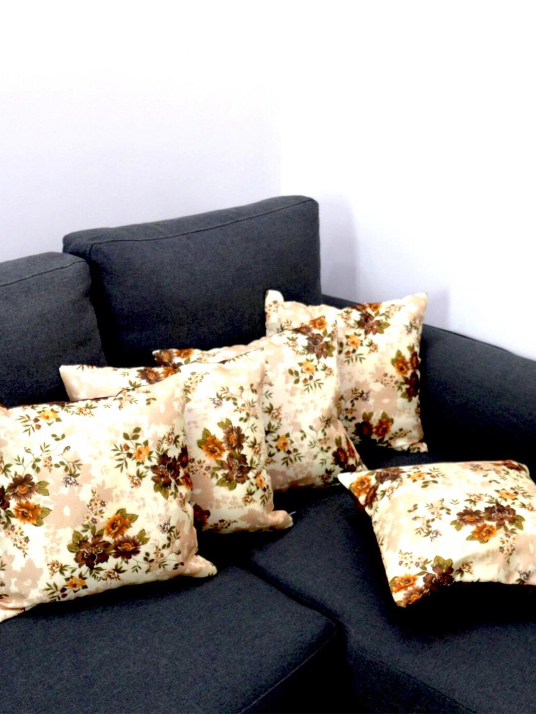 Tranquil square Flowers Beige Floral Cotton Washable 5 Pcs Square Cushion Covers -16x16In