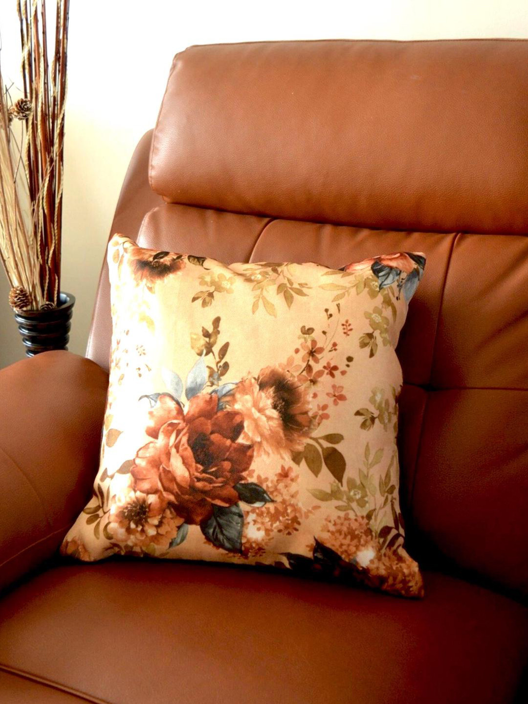 Tranquil square Beige Floral Cotton Breathable 5 Piece Square Cushion Covers - 16x16In