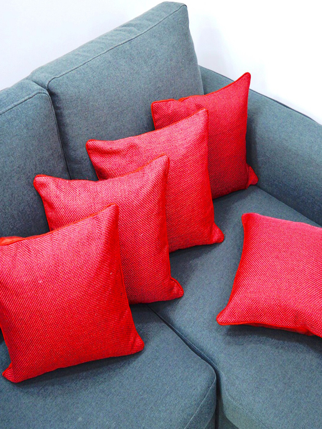 Tranquil square Red Jute Washable 5 Piece Textured Square Cushion Covers - 16 x 16 Inches