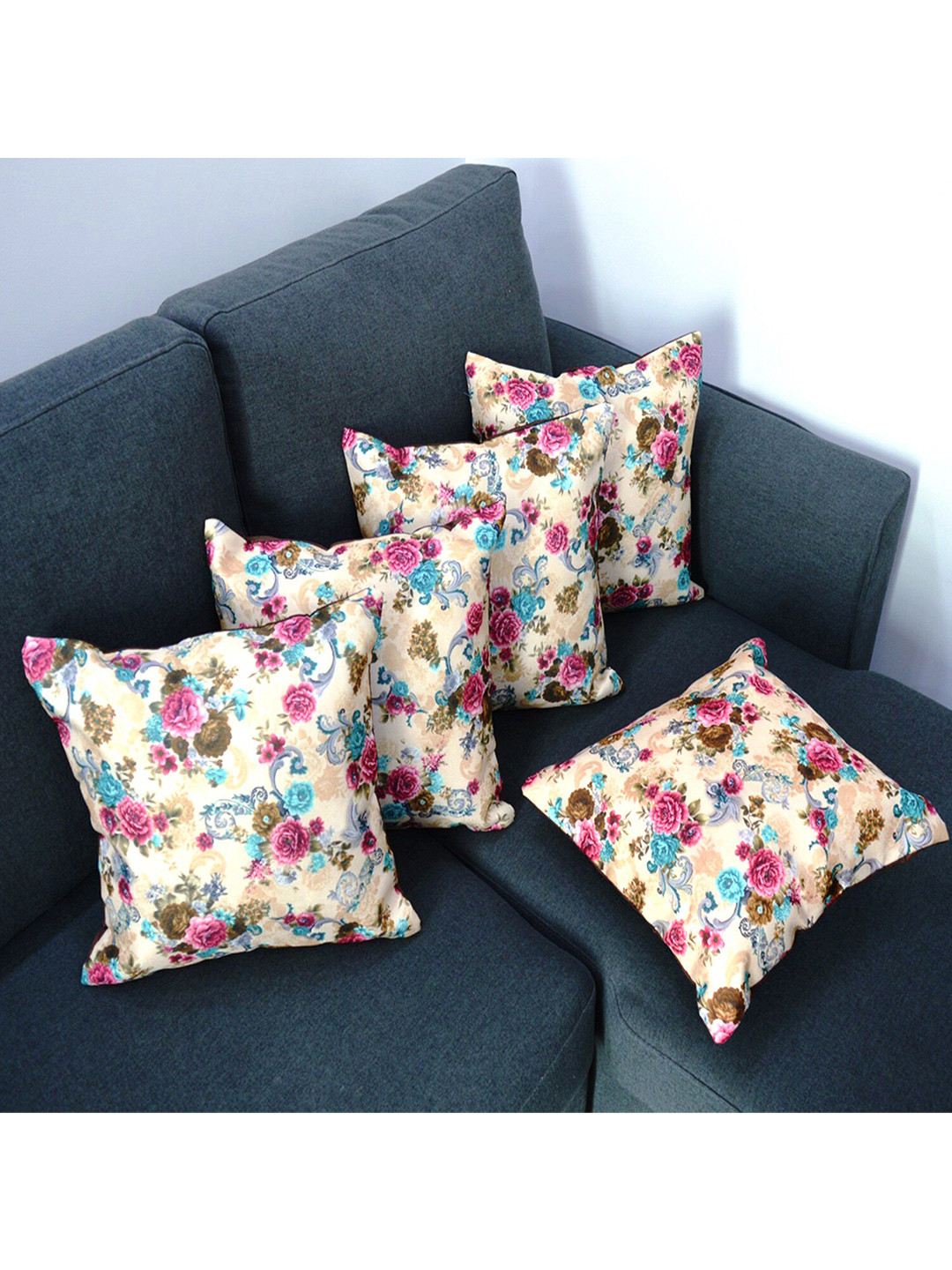 Tranquil square Beige Floral Cotton Washable 5 Piece Square Cushion Covers -16x16In