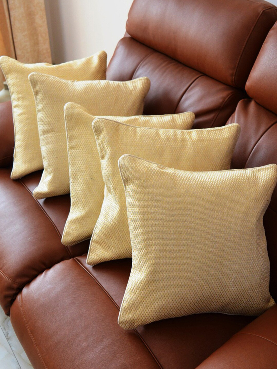 Tranquil square Brown Jute Lightweight 5 Piece Textured Square Cushion Covers -16x16In