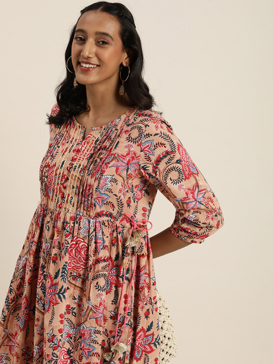 Taavi Women Pink & Red Sanganeri Floral Printed Pure Cotton A-Line Midi Dress