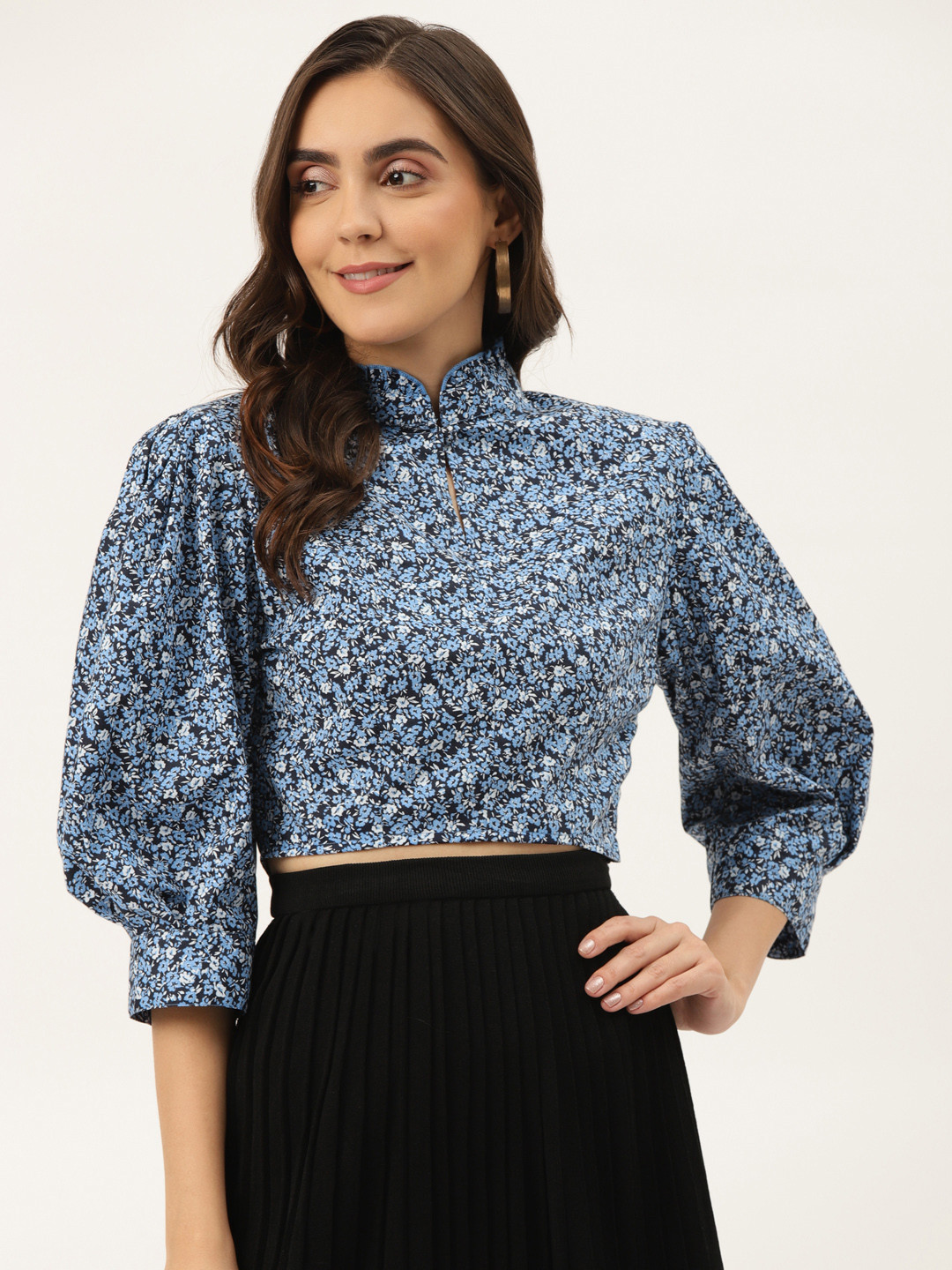 Rue Collection Black & Blue Floral Print Mandarin Collar Shirt Style Crop Top