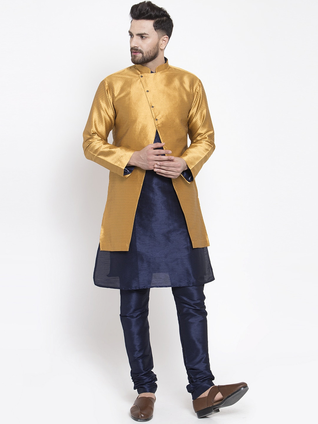 Kaifoo Men Navy Blue Kurta with Churidar & with Jacket