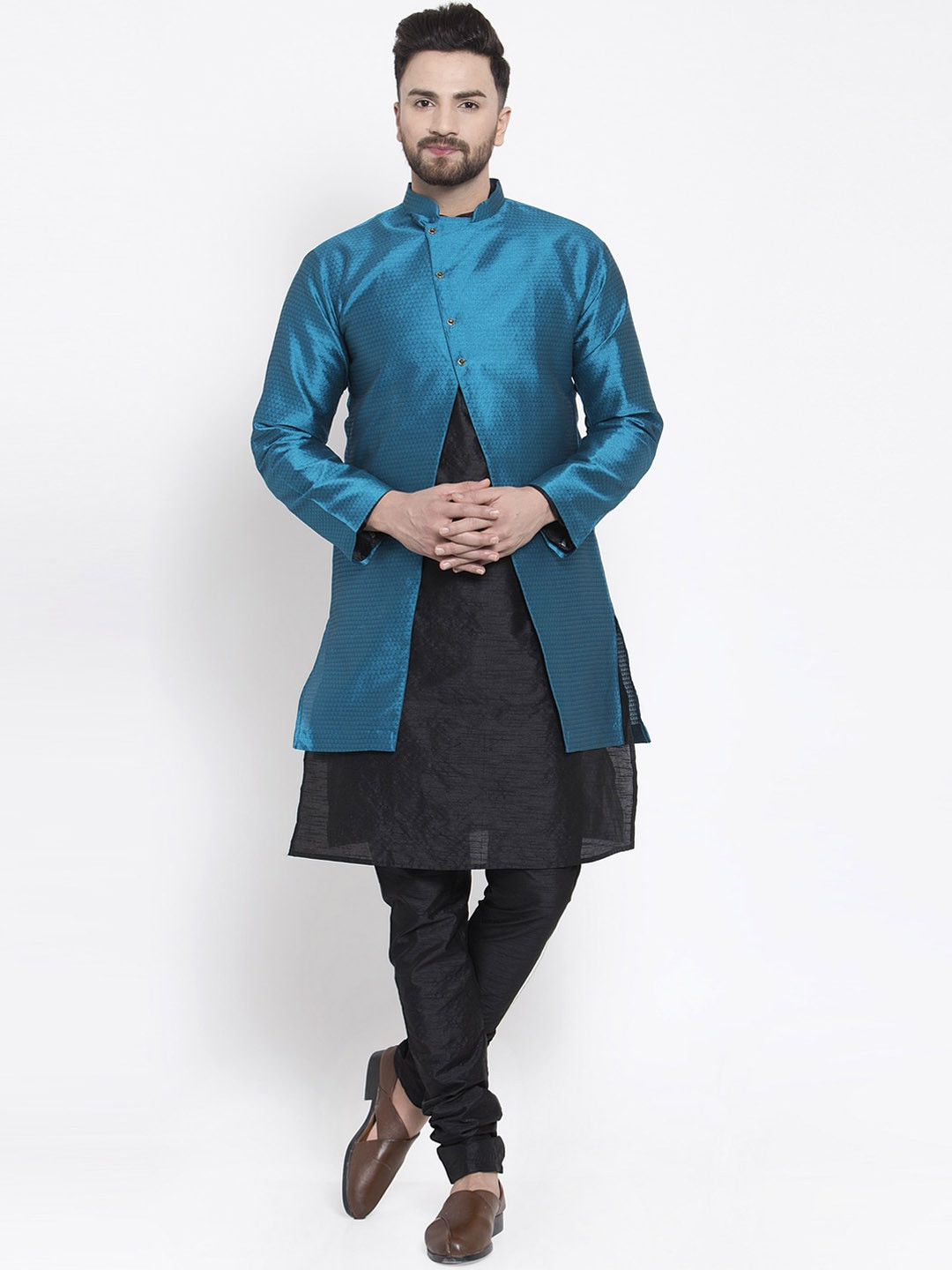 Kaifoo Men Black & Blue Layered Kurta with Churidar