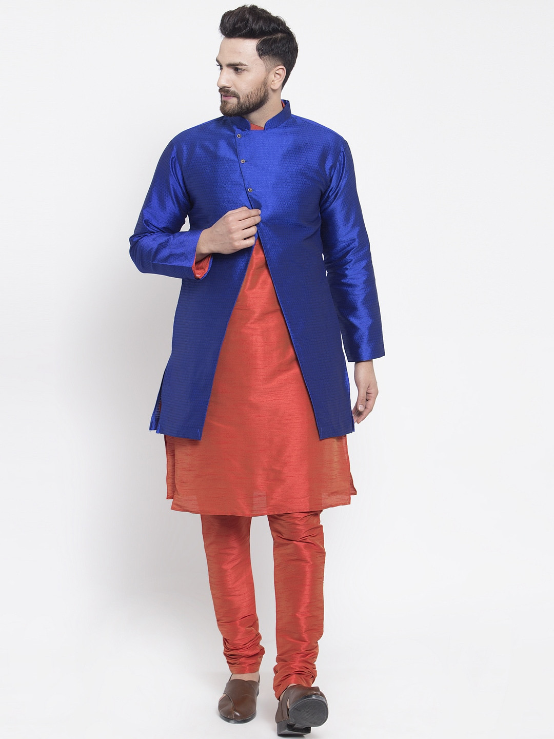 Kaifoo Men Rust Kurta with Churidar & Jacket