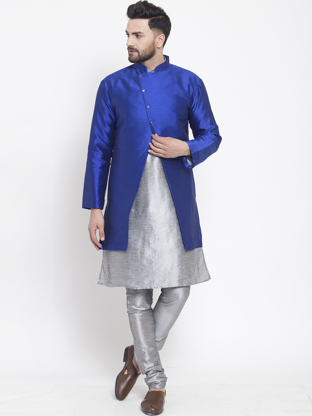 Kaifoo Men Grey & Blue Kurta Set With Jacket
