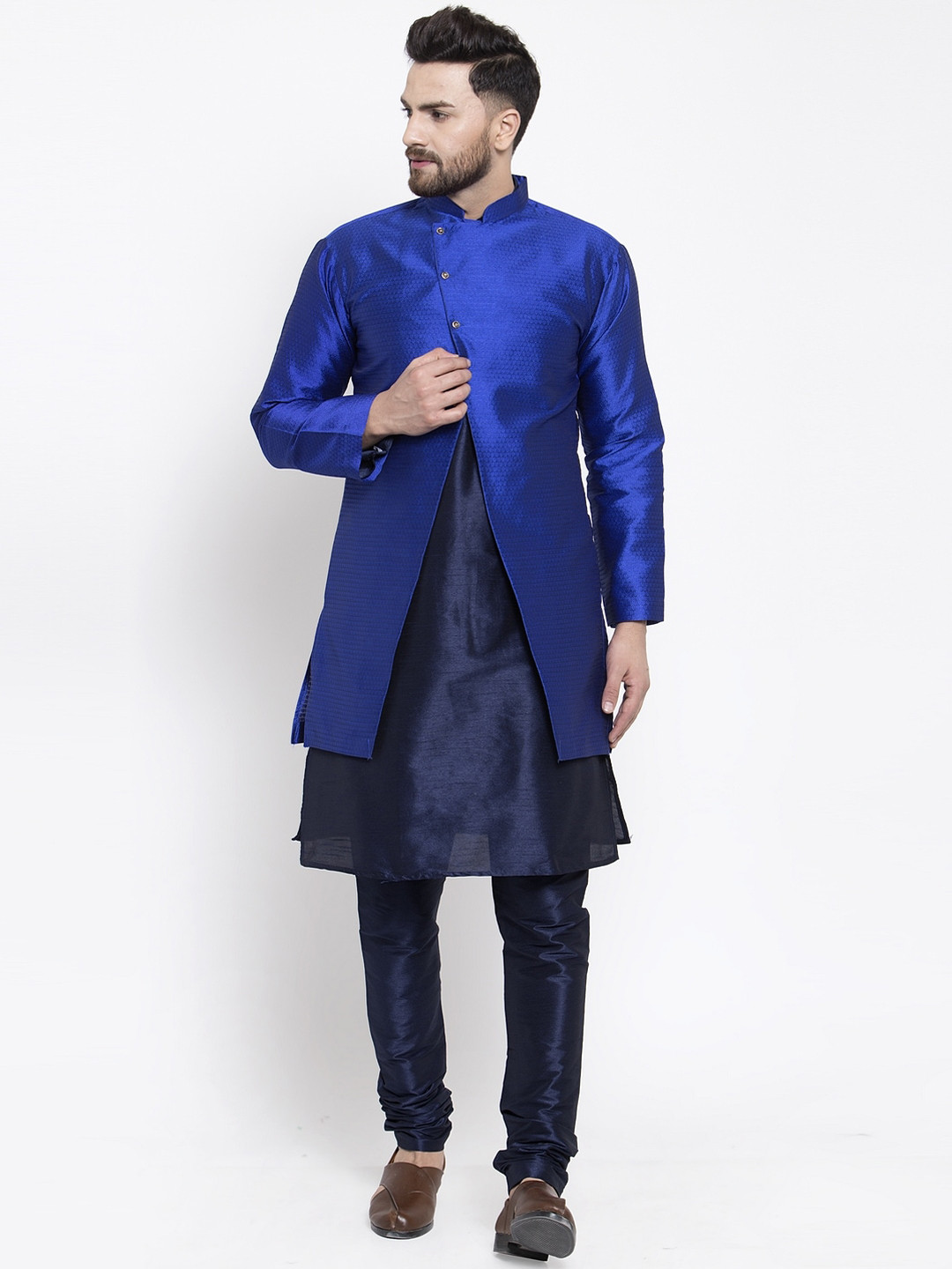 Kaifoo Men Navy Blue Kurta Set With Jacket