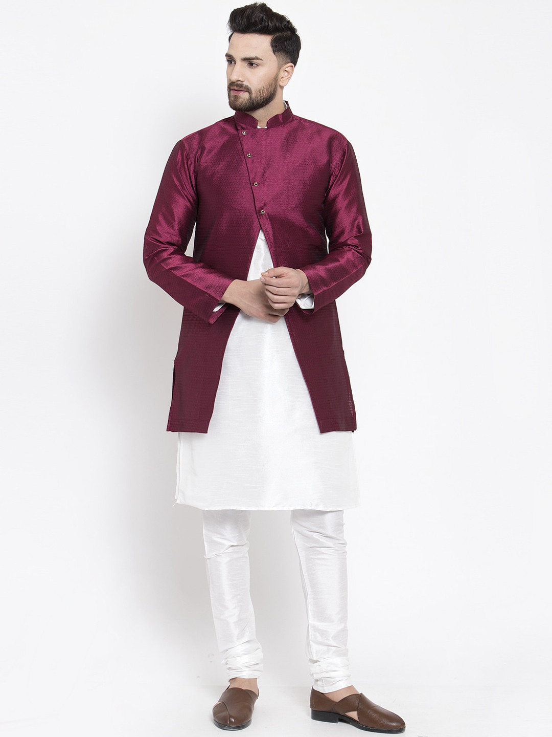 Kaifoo Men White & Maroon Kurta with Churidar & With Jacket