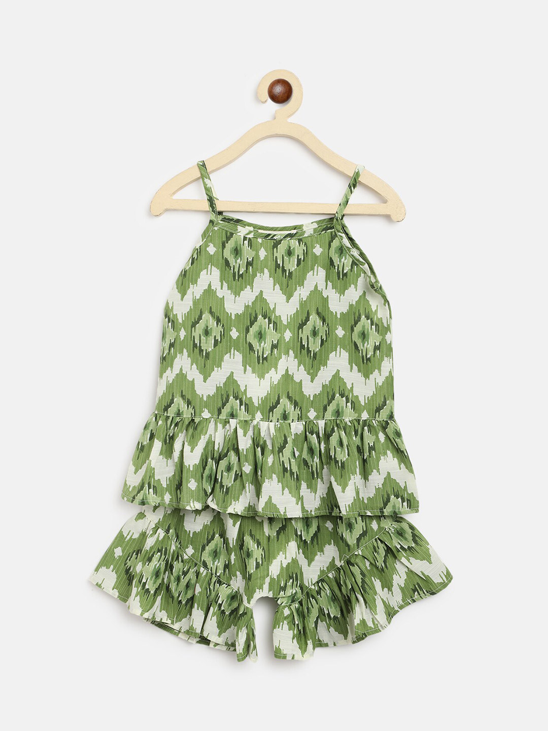 am ma Girls Green & White Printed Top with Shorts