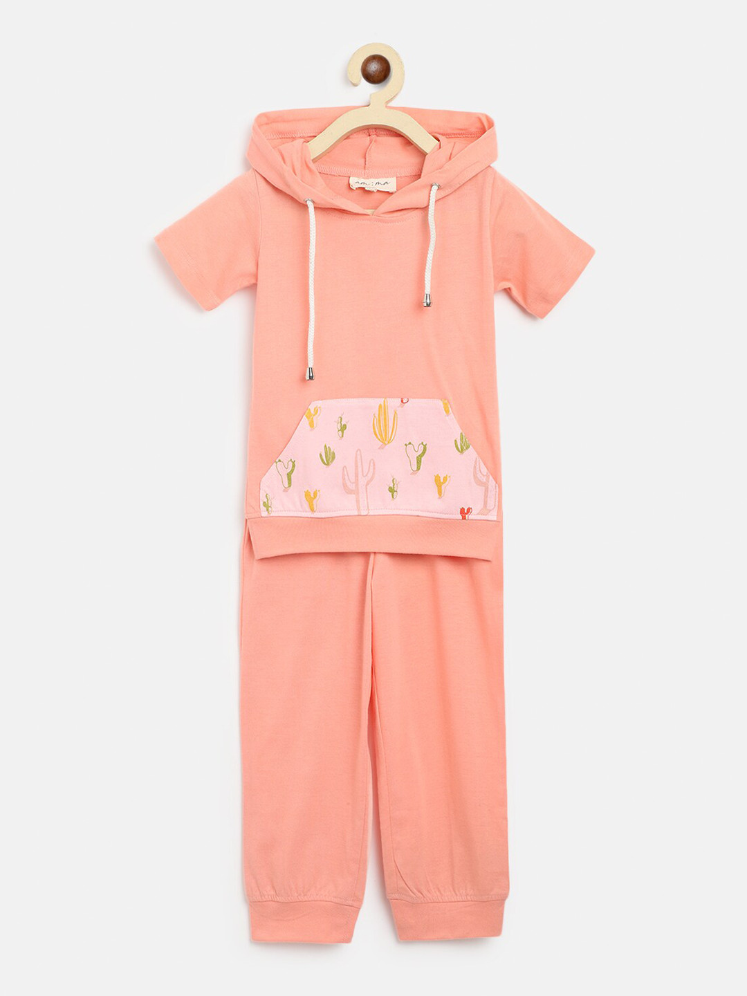 am ma Girls Peach-Coloured Printed Pure Cotton Top with Shorts