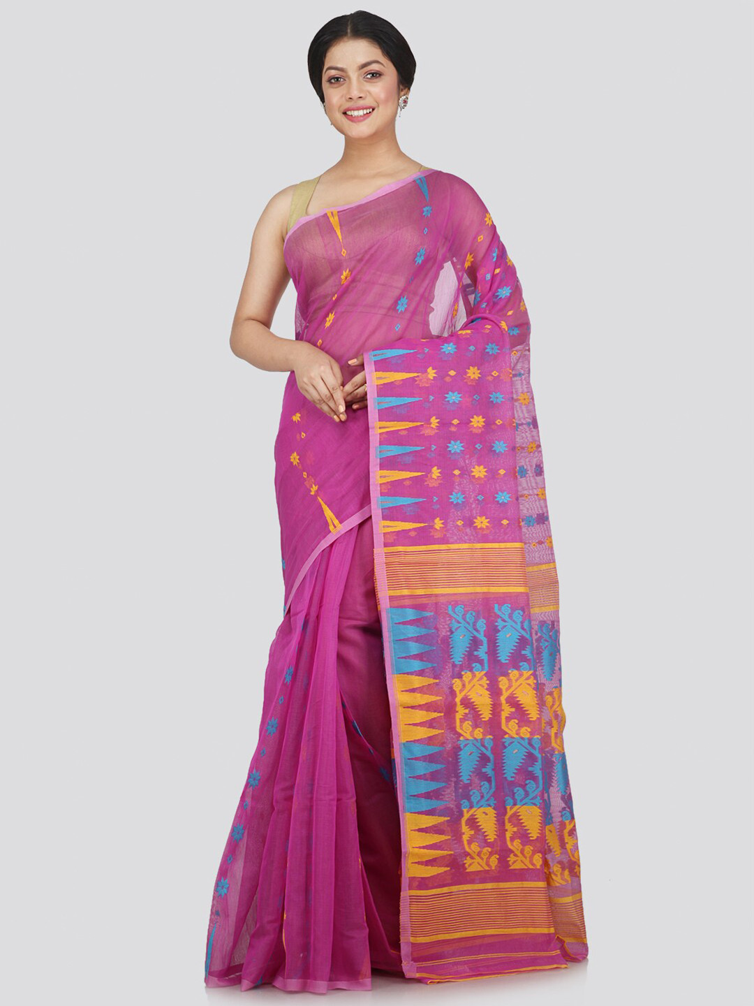 PinkLoom Purple & Yellow Woven Design Jamdani Saree
