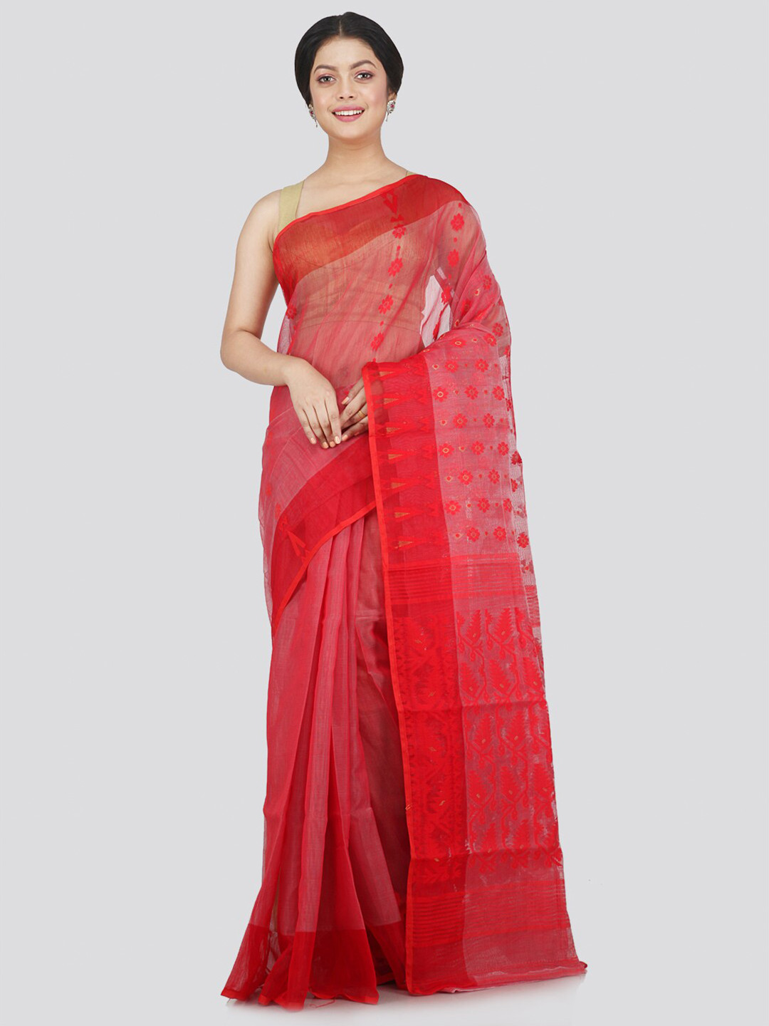 PinkLoom Red Woven Design Jamdani Saree