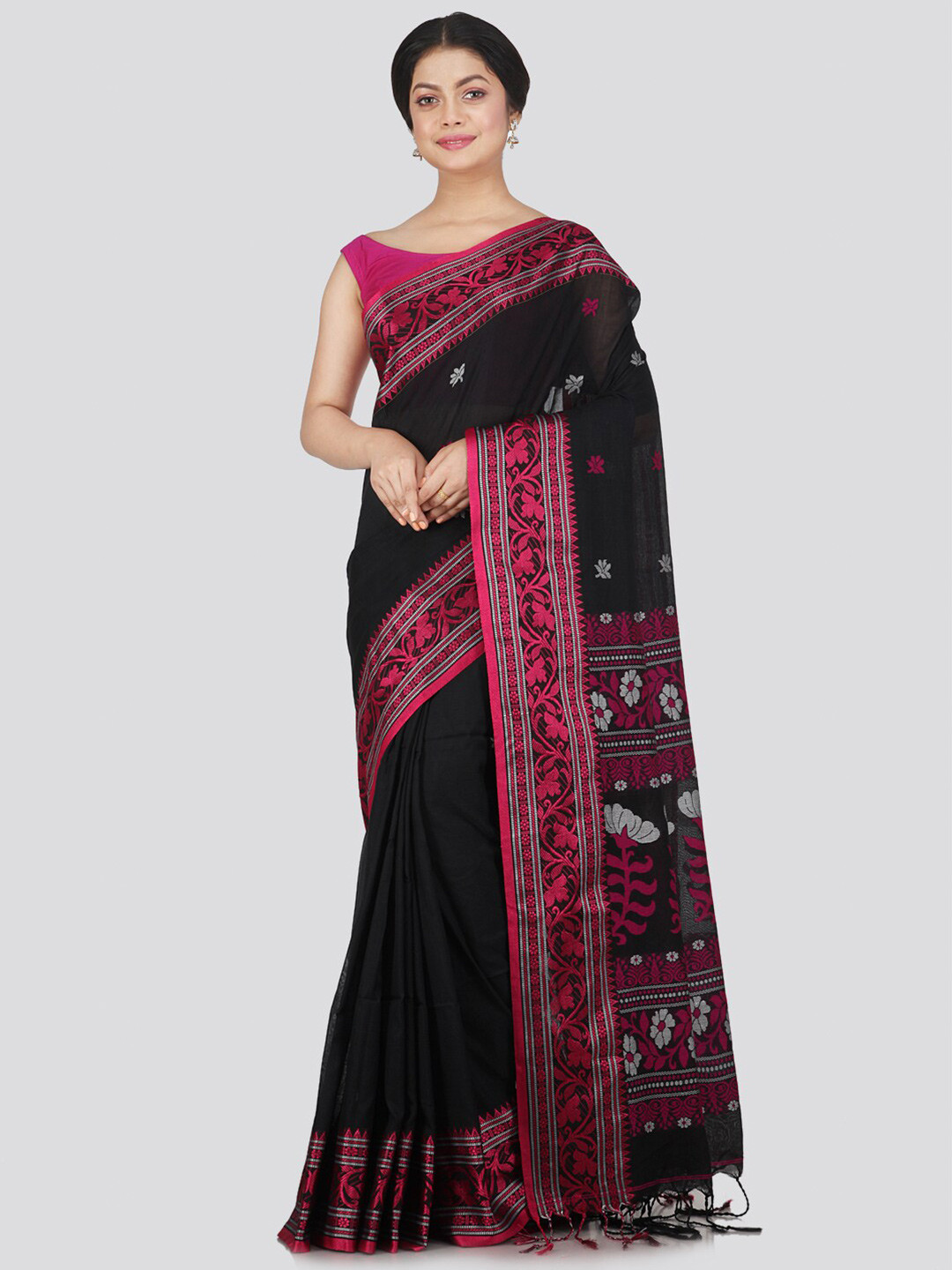PinkLoom Black & Magenta Woven Design Pure Cotton Saree