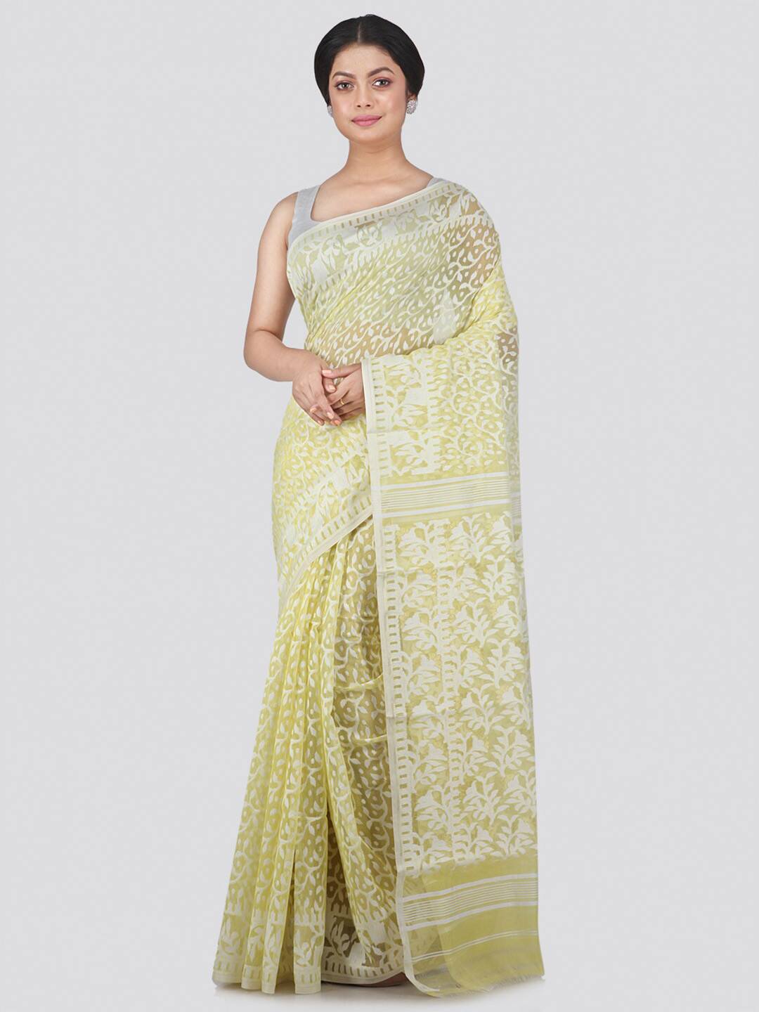 PinkLoom Yellow & White Floral Pure Cotton Jamdani Saree