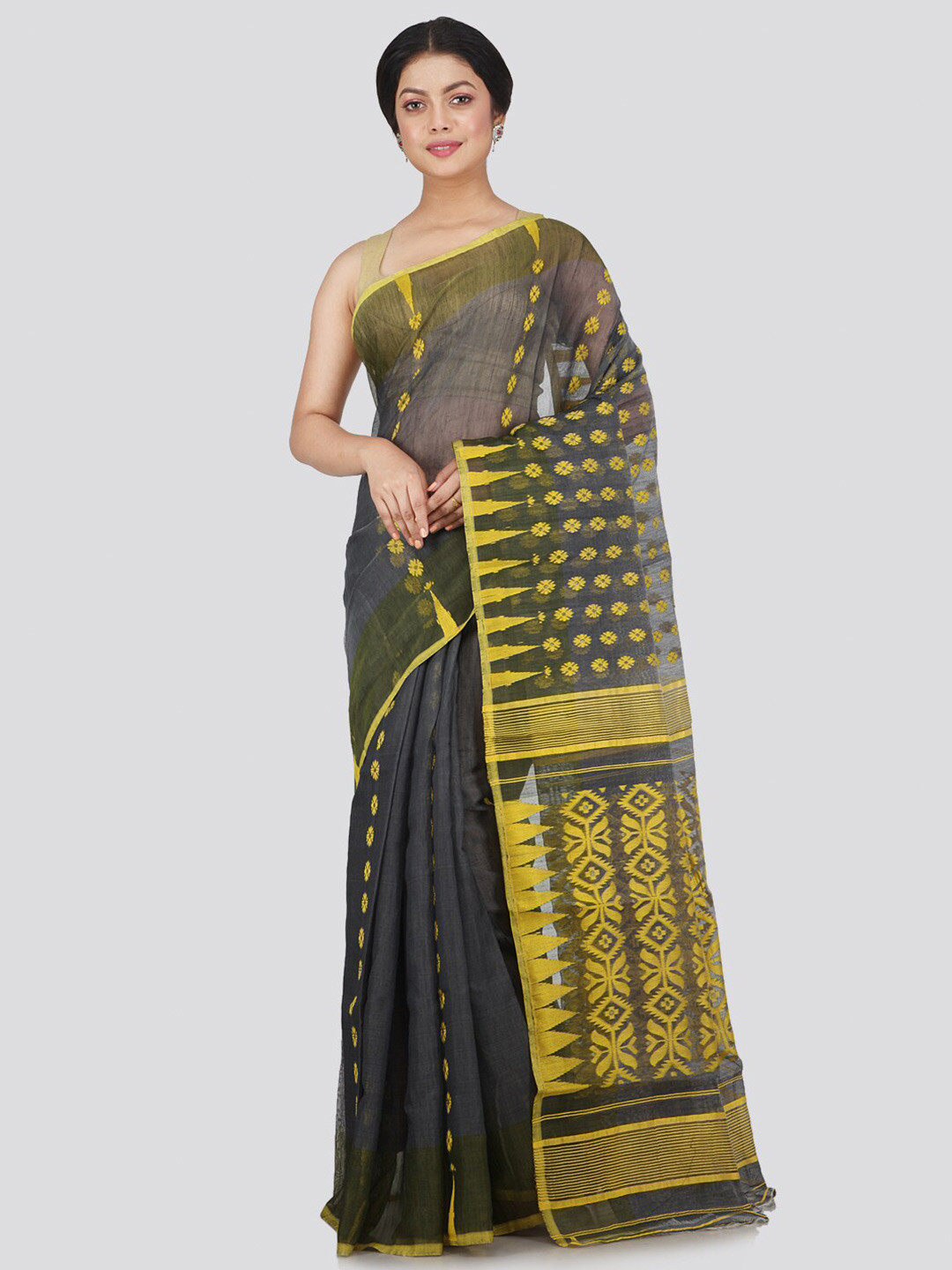 PinkLoom Charcoal & Yellow Woven Design Jamdani Saree