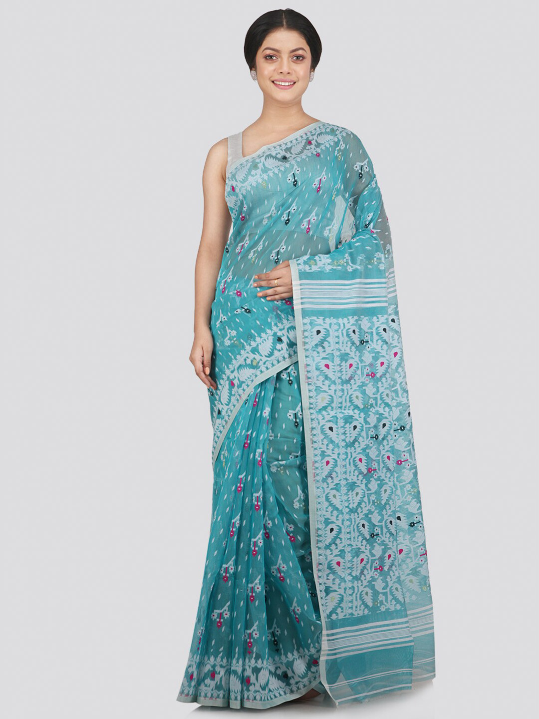 PinkLoom Turquoise Blue Woven Design Pure Cotton Jamdani Saree