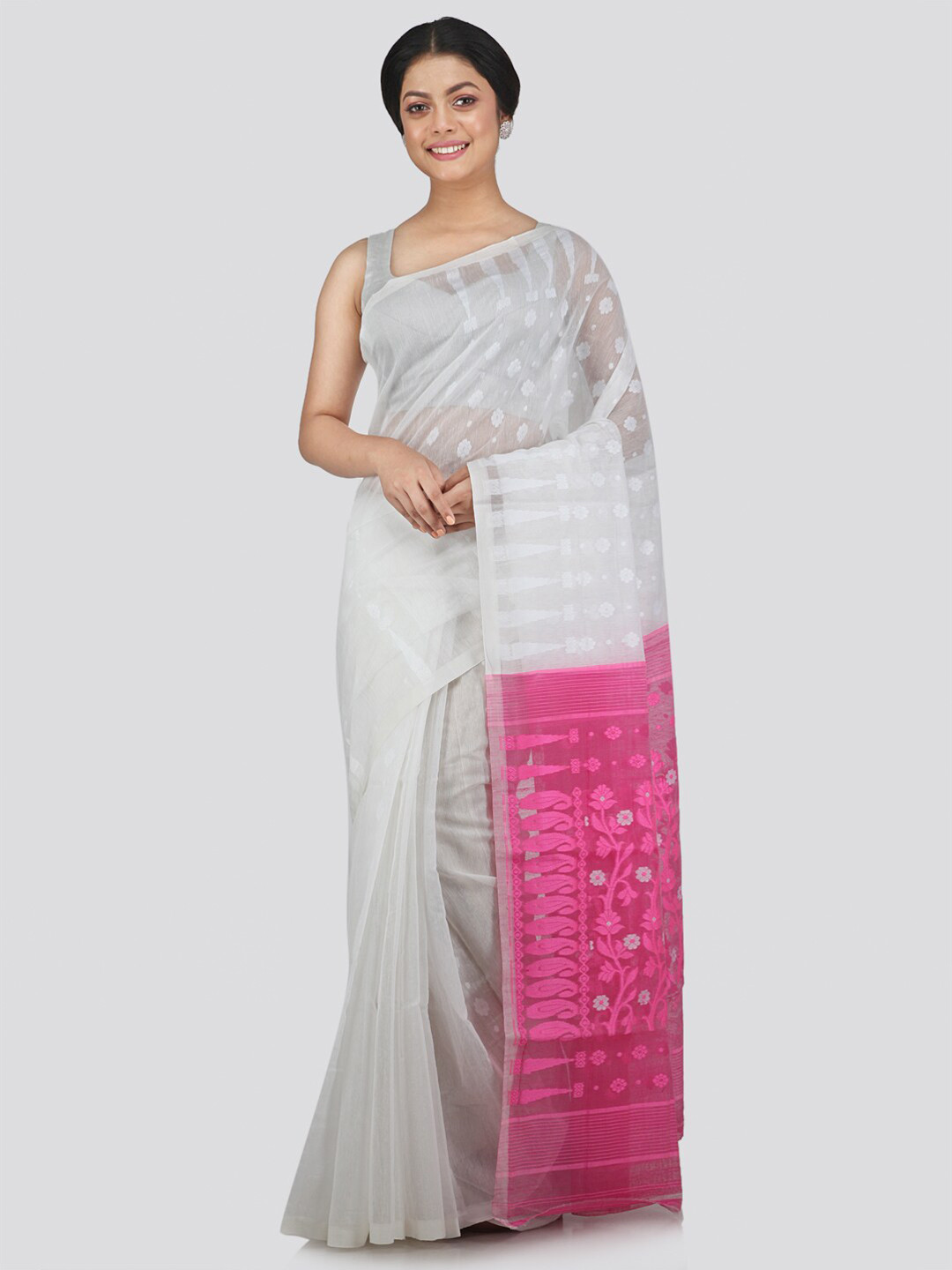 PinkLoom White Woven Design Jamdani Saree