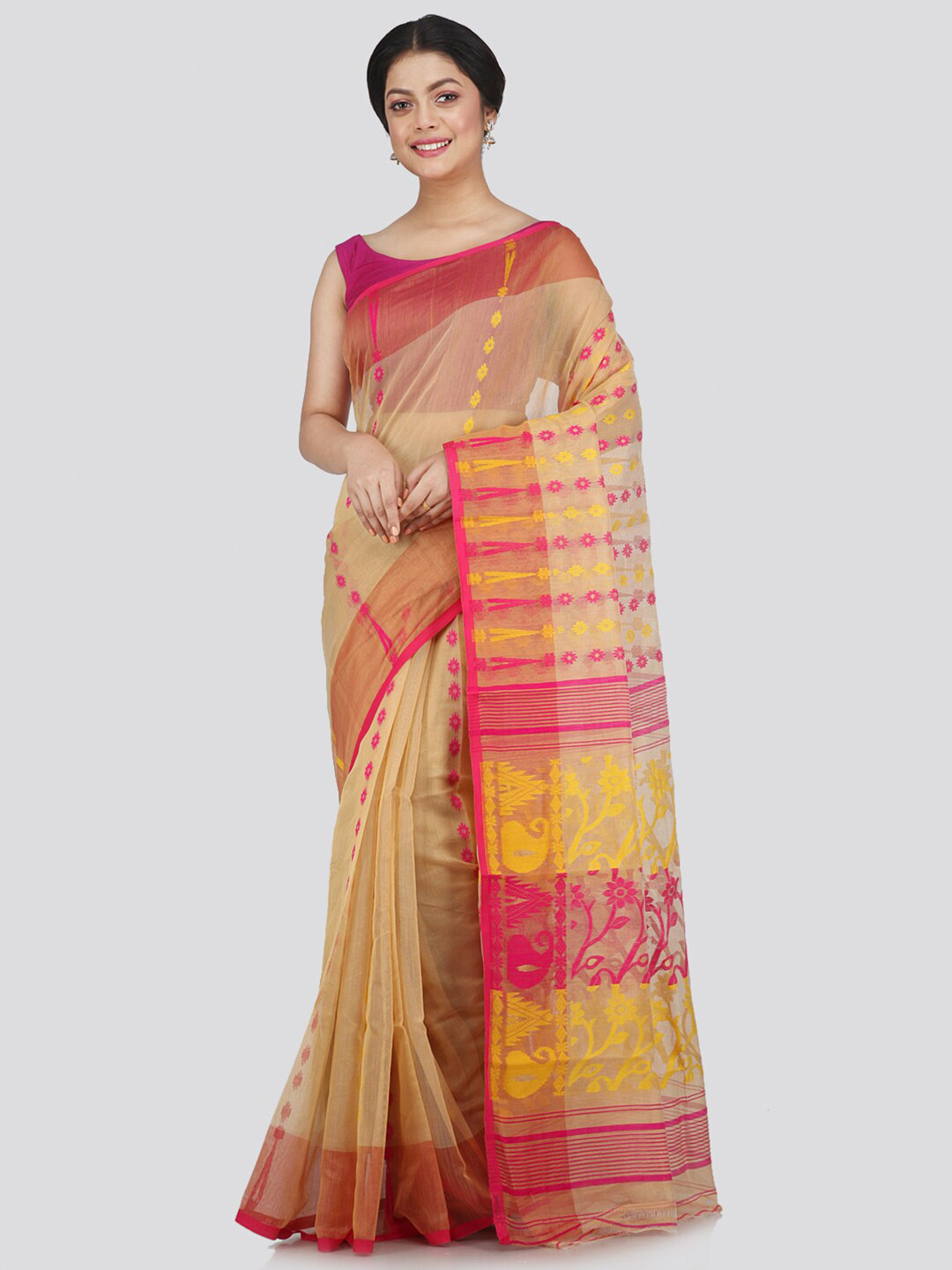 PinkLoom Beige & Magenta Floral Jamdani Saree
