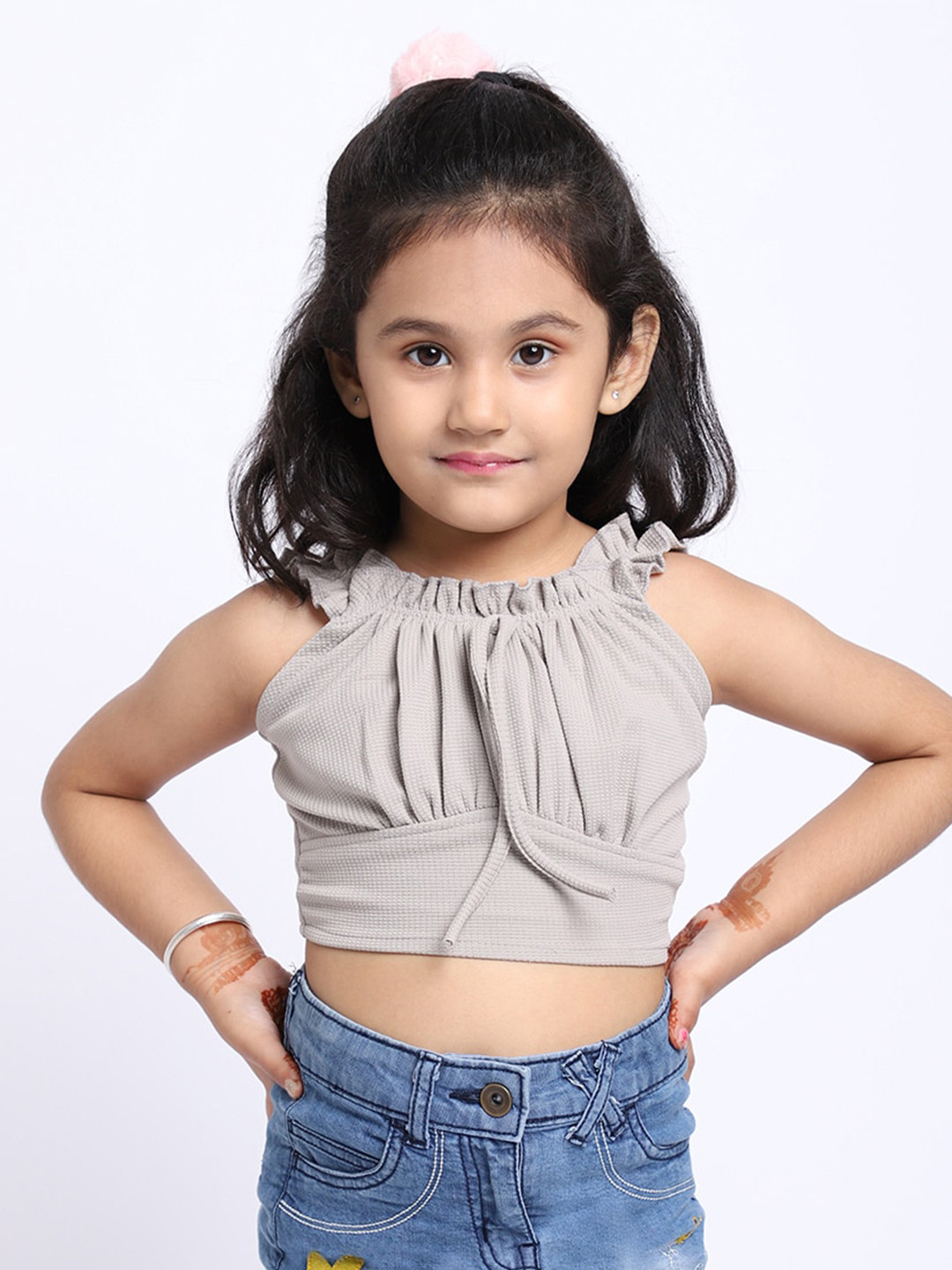 ELEVANTO Grey Halter Neck Ruffles Crop Top