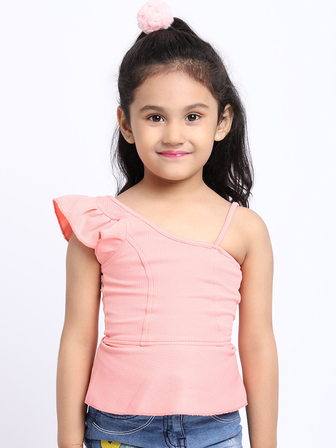 ELEVANTO Girls Peach-Coloured One Shoulder Peplum Top